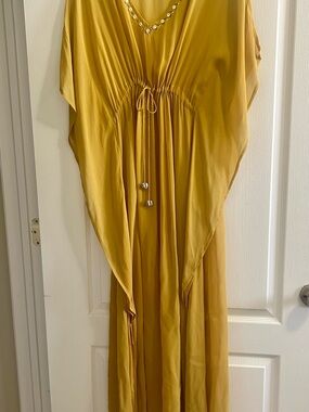 Mustard Yellow V-Neck Drawstring Maxi Dress/Beach Coverup